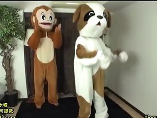 Asian Mascot Woman Fursuit With Two Guys