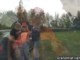 Granny And Boys Teenage Outdoor Threesome